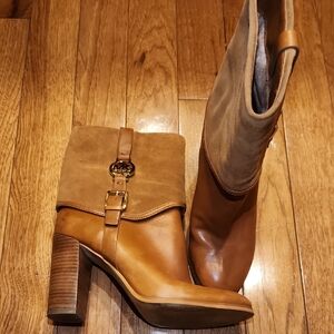 Michael Kors Leather Suede Mid Calf Boots Brown Taupe 4” Heel Women’s 9.5M